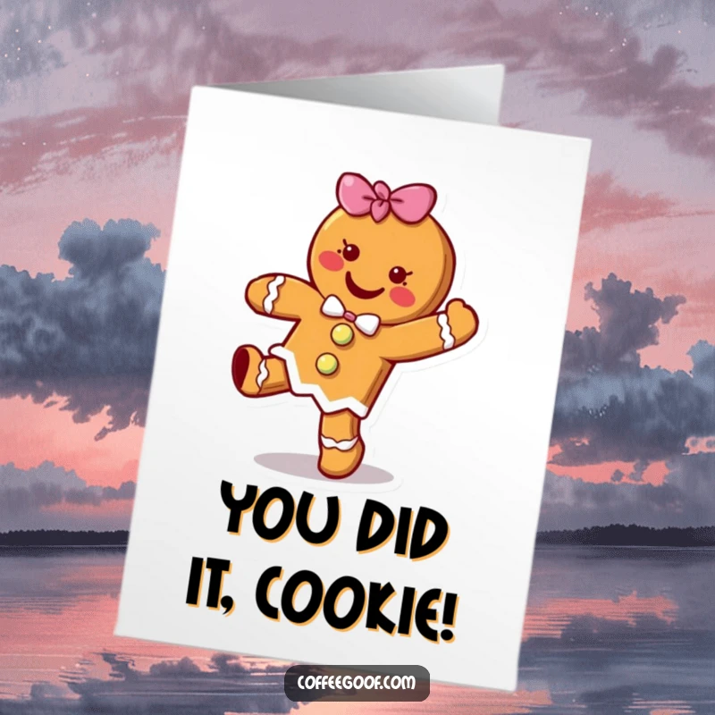 Free Printable Congratulations Card: A happy gingerbread cookie character caught in a joyful hop, celebrating achievements with sweet energy.