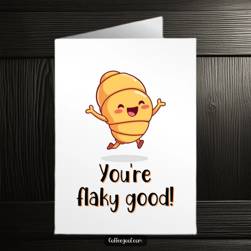 Funny free printable congratulations card featuring a joyful croissant character doing an energetic hop, celebrating wins festively.