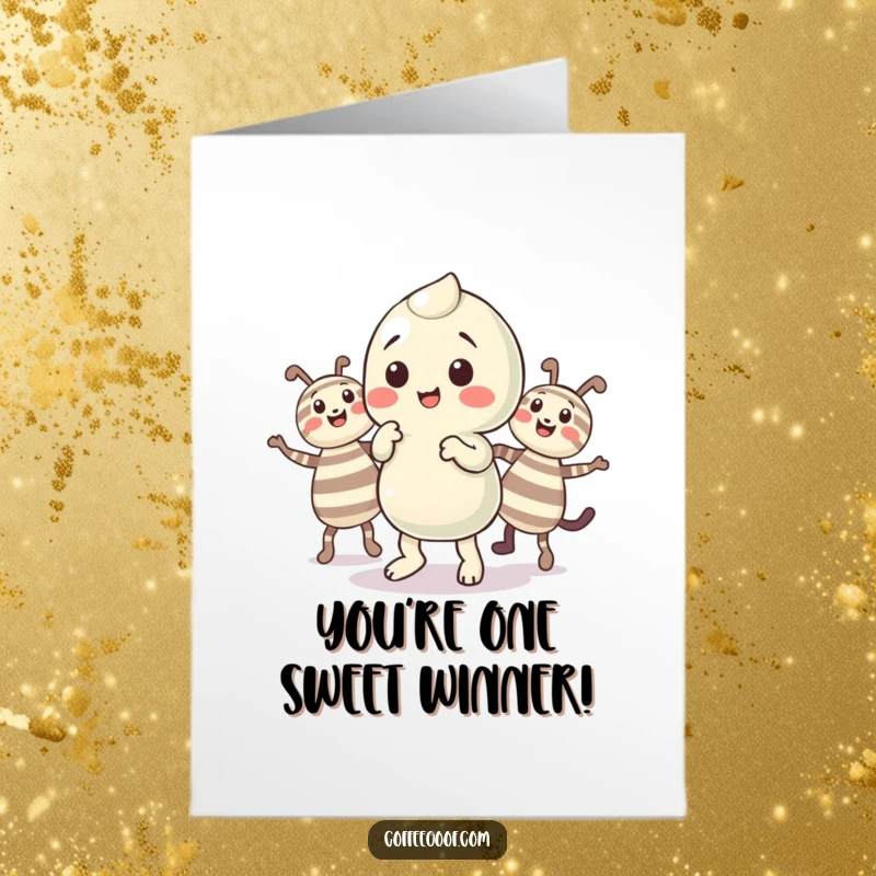 Funny Free Printable Congratulations Card featuring a playful candy character and striped friends celebrating a big achievement with a jig.