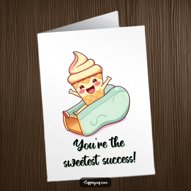 Funny Free Printable Congratulations Card: Cheerful ice cream cone mid-slide, exuding pure excitement and sugary triumph.