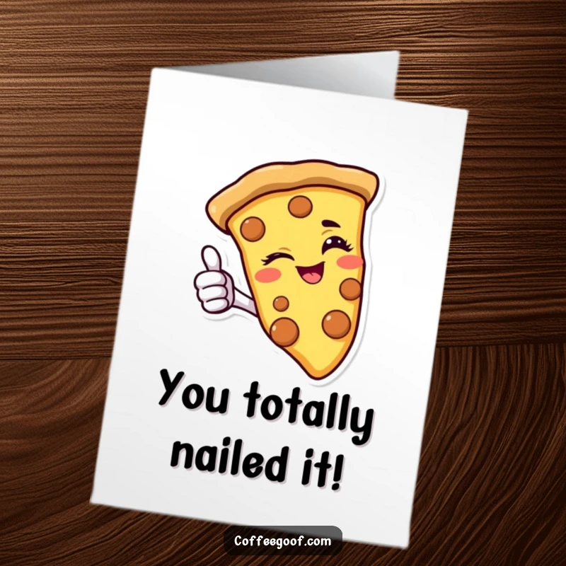 Funny free printable congratulations card: a smiling pizza slice winking and giving a confident thumbs-up, celebrating success with cheesy flair.