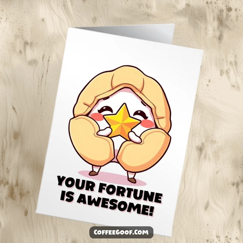 Funny Free Printable Congrats Card: A grinning fortune cookie cracking open to reveal a golden star, celebrating a great success.