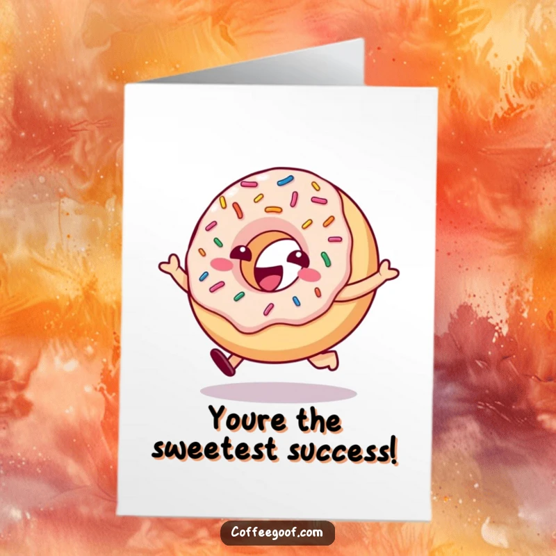 Funny Free Printable Congratulations Card: A delighted donut character with bouncing sprinkles is joyfully hopping, celebrating success.