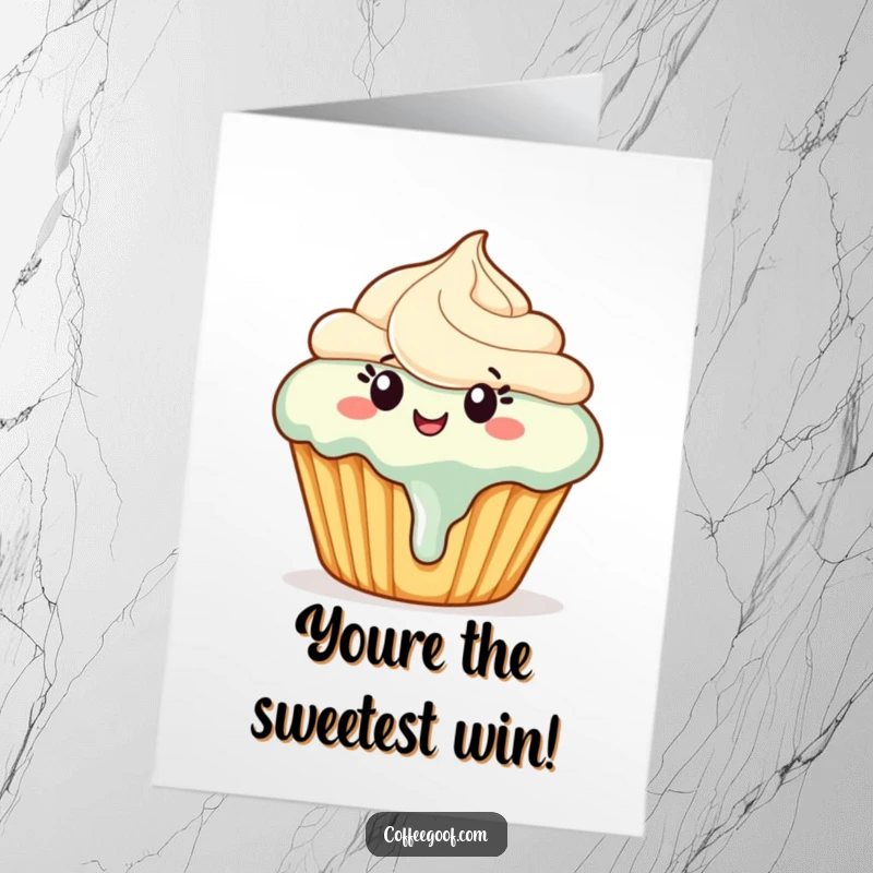 Funny Free Printable Congratulations Card showing a happy cupcake with melting frosting, dancing with glee.