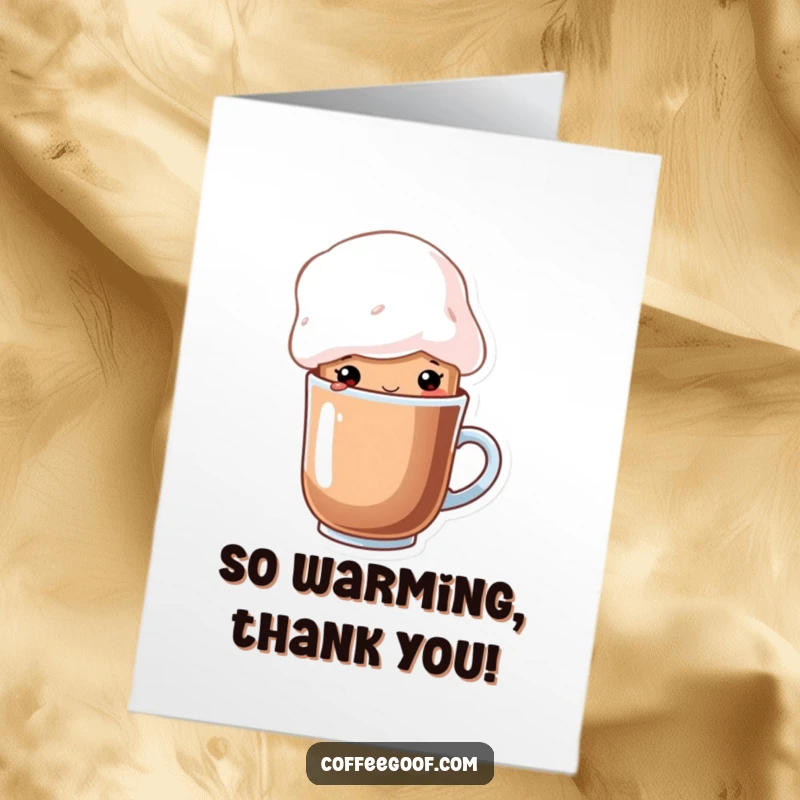 Free Printable Thank You Card: A cup of cocoa character with a whimsical marshmallow hat, offering warm gratitude and sweet comfort.