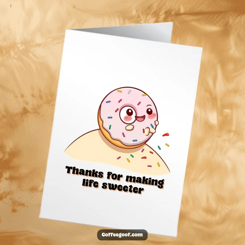Funny free printable thank you card of a giggling donut character rolling down a hill, scattering delightful sprinkles.