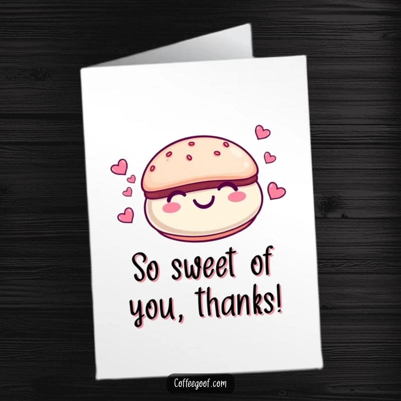Free Printable Thank You Card: A smiling macaroon character showering recipients with tiny hearts, a sweet way to say thank you.