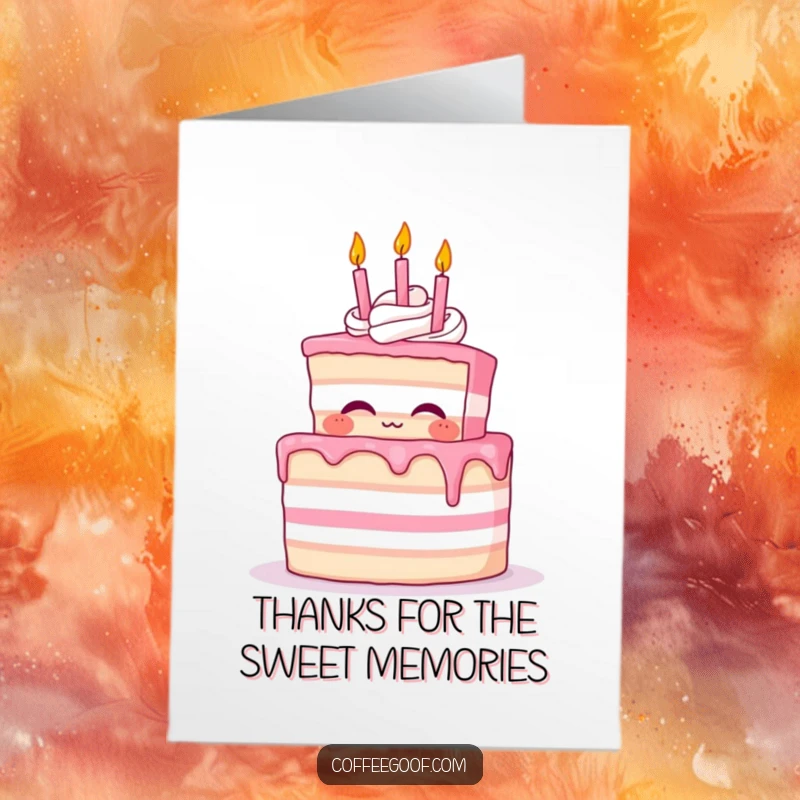 Funny Free Printable Thank You Card featuring a proud cake character expressing gratitude by blowing out tiny candles.