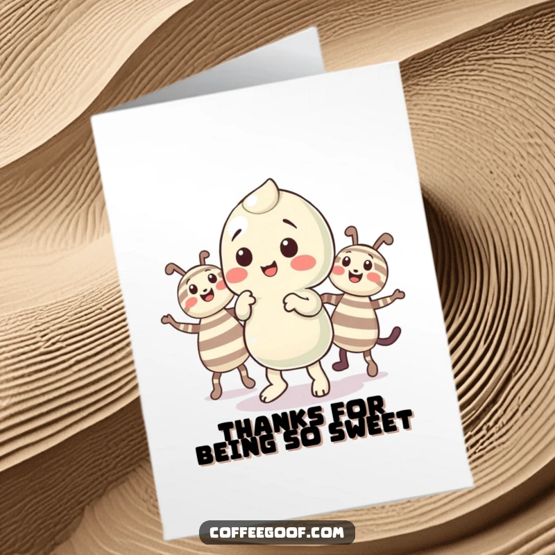 Funny Free Printable Thank You Card depicting a playful candy character and striped pals doing a celebratory jig.