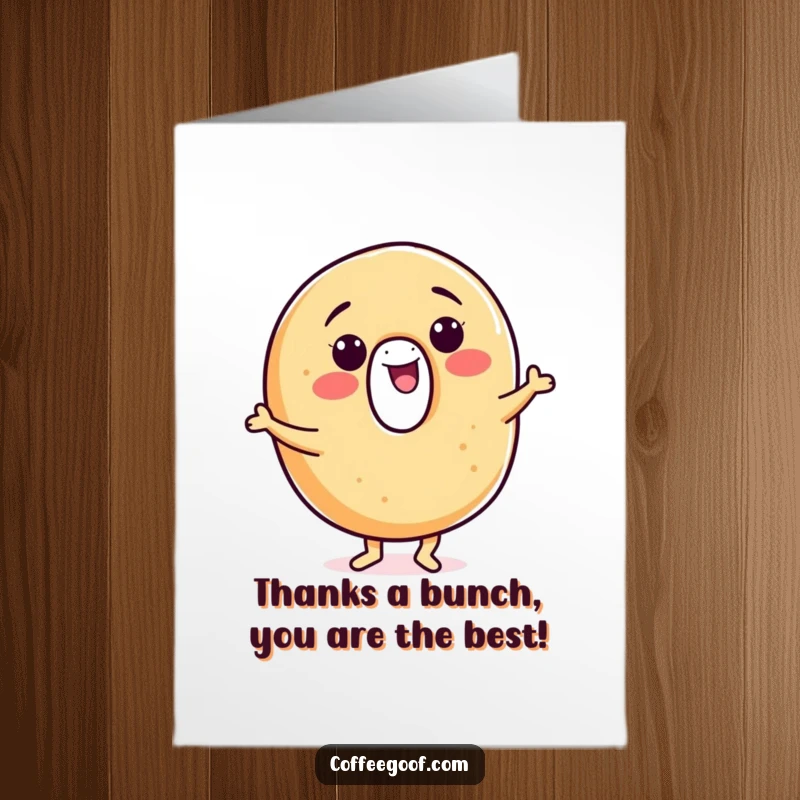 Funny Free Printable Thank You Card of a smiling bagel character performing a joyful little jig.