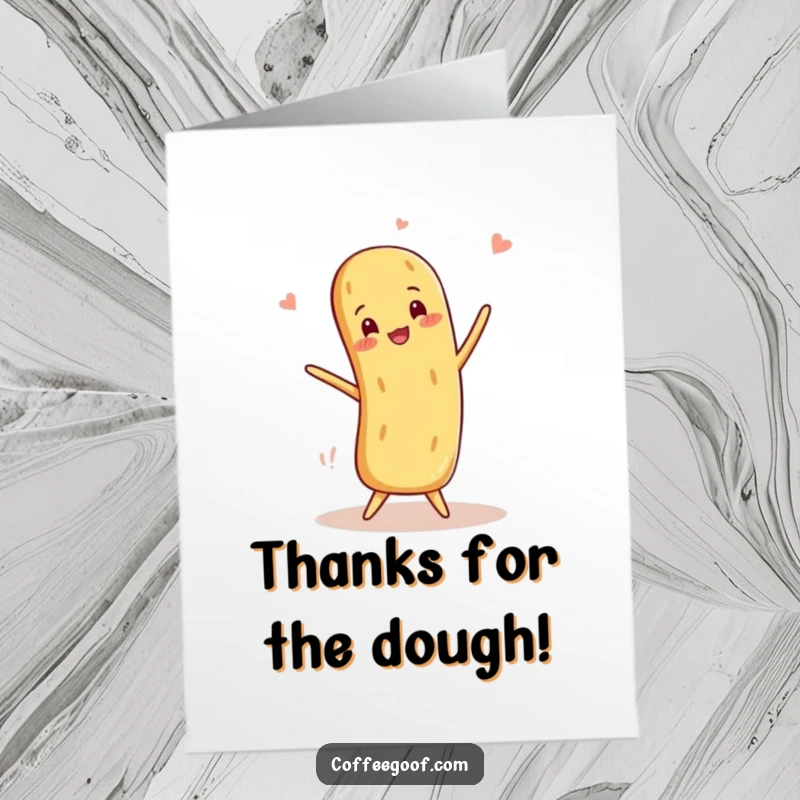 Funny Free Printable Thank You Card of a smiling baguette balancing perfectly, a humorous way to express gratitude.