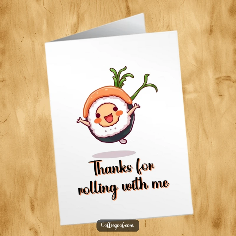 Funny Free Printable Thank You Card: A happy sushi roll character cartwheels with a seaweed flourish, a fun way to say thanks in downloadable art.