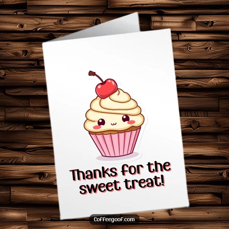 Funny Free Printable Thank You Card: A cheerful cupcake with a cherry balanced on its head, conveying thanks.