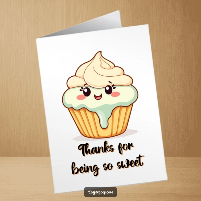 Funny Free Printable Thank You Card: a happy cupcake with frosting slightly askew, dancing to show thanks.