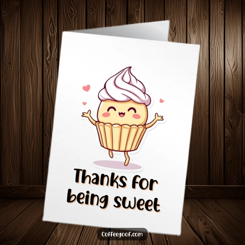 Funny Free Printable Thank You Card featuring a whimsical muffin character dancing with frosting swirls, offering sweet thanks.