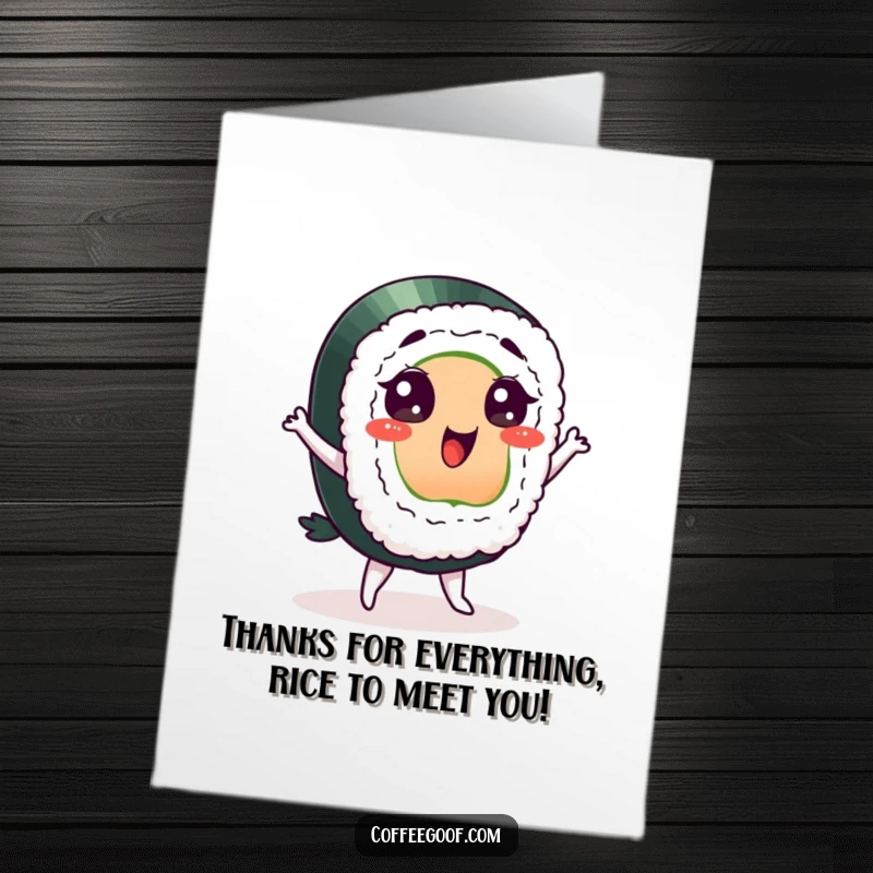 Funny Free Printable Thank You Card of a sushi character with delighted eyes doing a happy, silly dance.