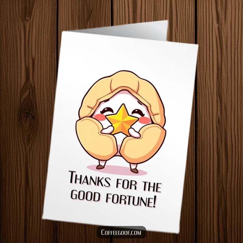 Funny Free Printable Thank You Card: A grinning fortune cookie cracking open to reveal a golden star, expressing thanks.