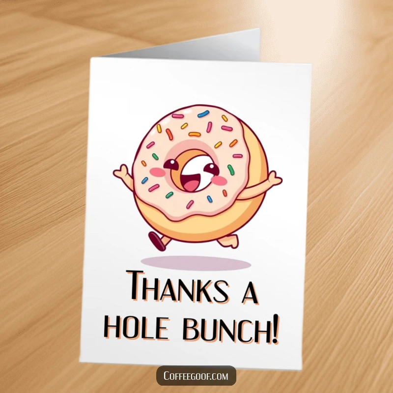 Funny Free Printable Thank You Card: A delighted donut character with bouncing sprinkles is hopping, conveying a sweet thank you.