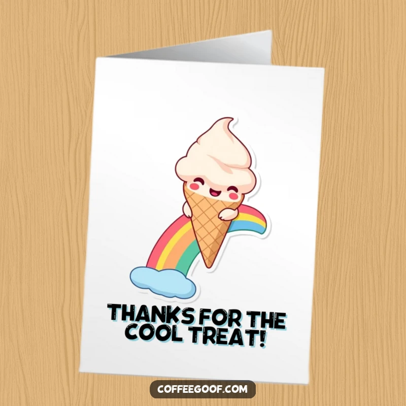 Funny Free Printable Thank You Card of an ice cream cone gliding down a rainbow, a cheerful and sweet way to say thanks.