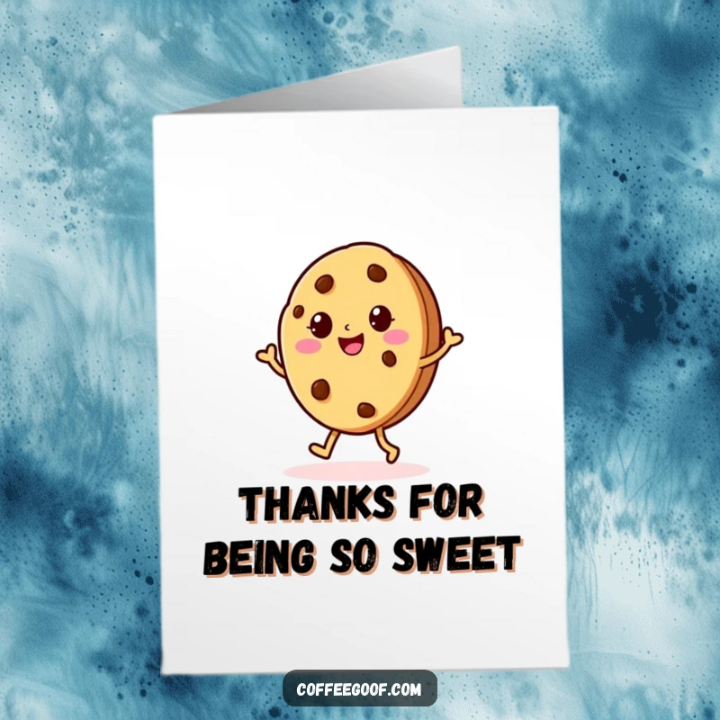 Funny Free Printable Thank You Card: A cheerful baked cookie character dances with joy, expressing warm gratitude.