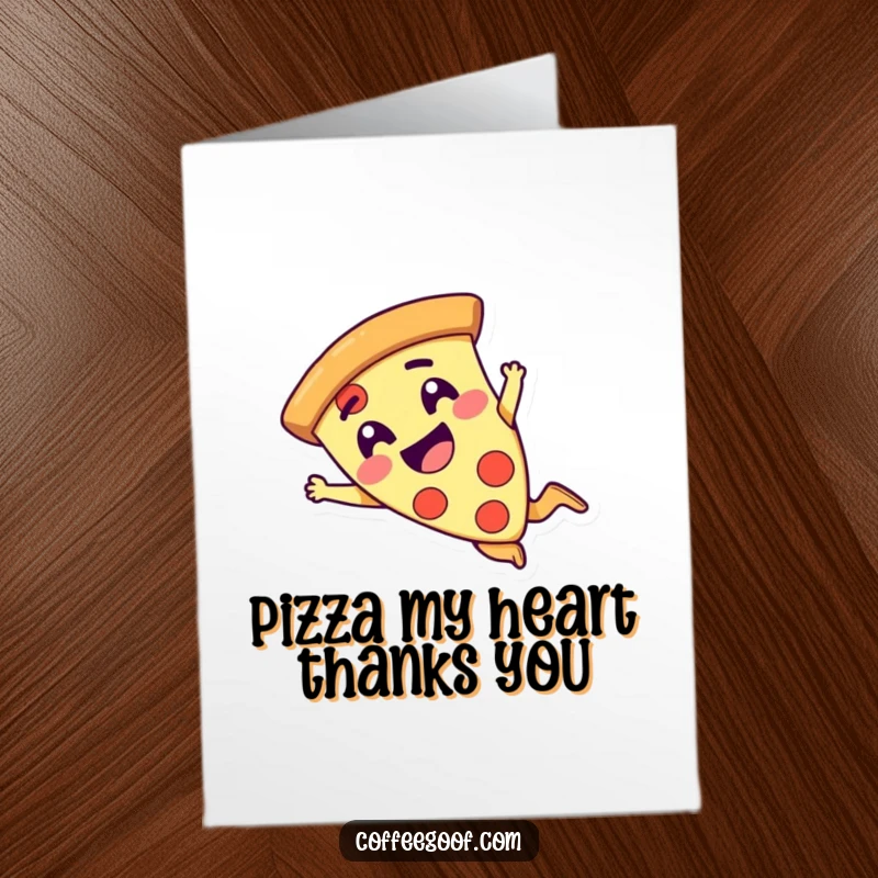 Funny Free Printable Thank You Card: A giggling pizza slice character is in mid-air, doing a comical dive to express thanks.