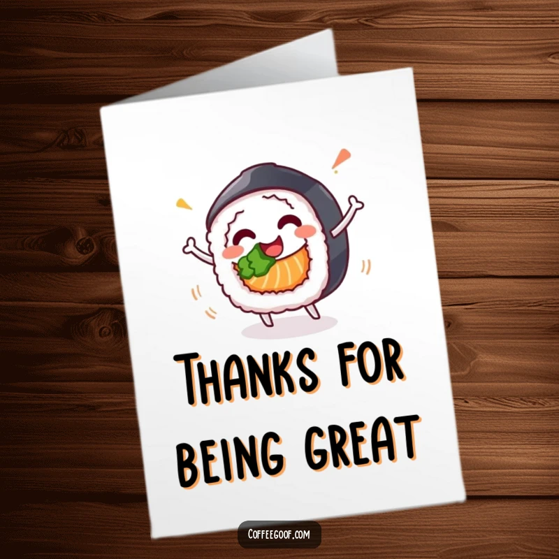 Funny Free Printable Thank You Card featuring a happy sushi roll character spinning, offering thanks with joy.