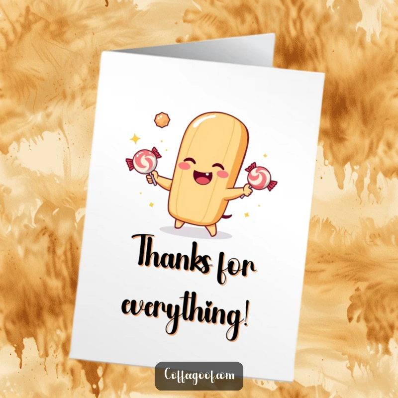 Funny Free Printable Thank You Card: Winking baguette character juggling candies, looking thankful and charming.
