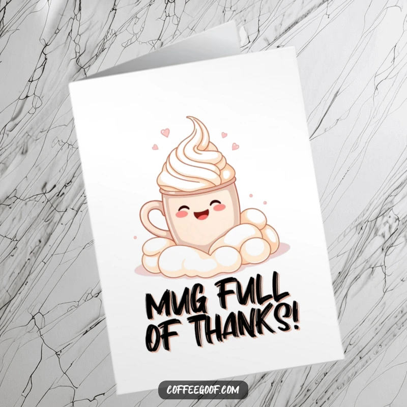 Funny Free Printable Thank You Card: A happy cocoa mug doing a cannonball into whipped cream, expressing warm thanks.