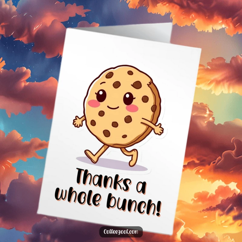 Funny Free Printable Thank You Card: A cookie character doing a funny, unsteady silly walk, breaking apart mid-stride, showing thanks.