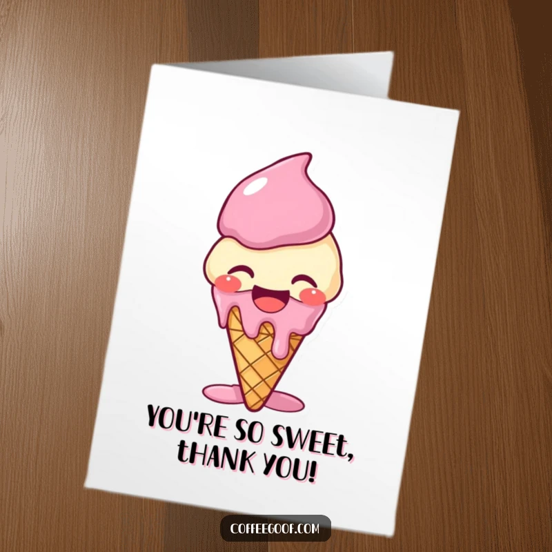 Funny Free Printable Thank You Card: A giggling ice cream cone melting with laughter, expressing thanks.