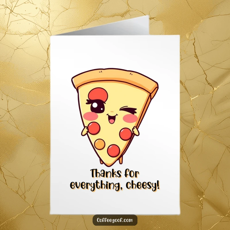Funny Free Printable Thank You Card featuring a giggling pizza slice character with a mischievous wink of thanks.
