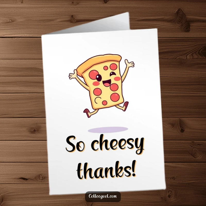 Funny Free Printable Thank You Card: A smiling pizza slice performing an enthusiastic celebratory leap, expressing gratitude.