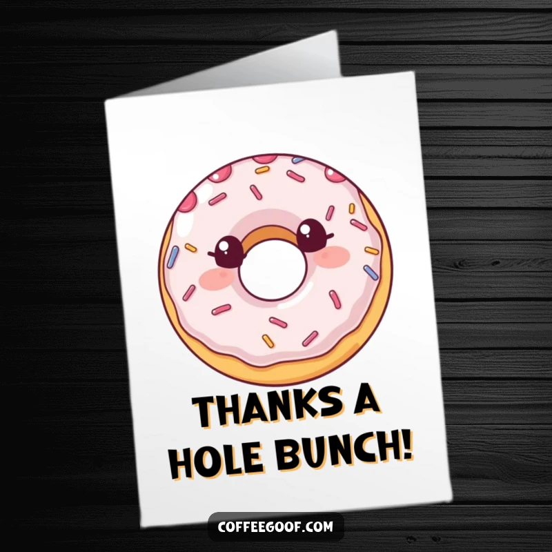 Funny free printable thank you card showing a delighted donut with sprinkles in mid-air, a truly sweet thank you.