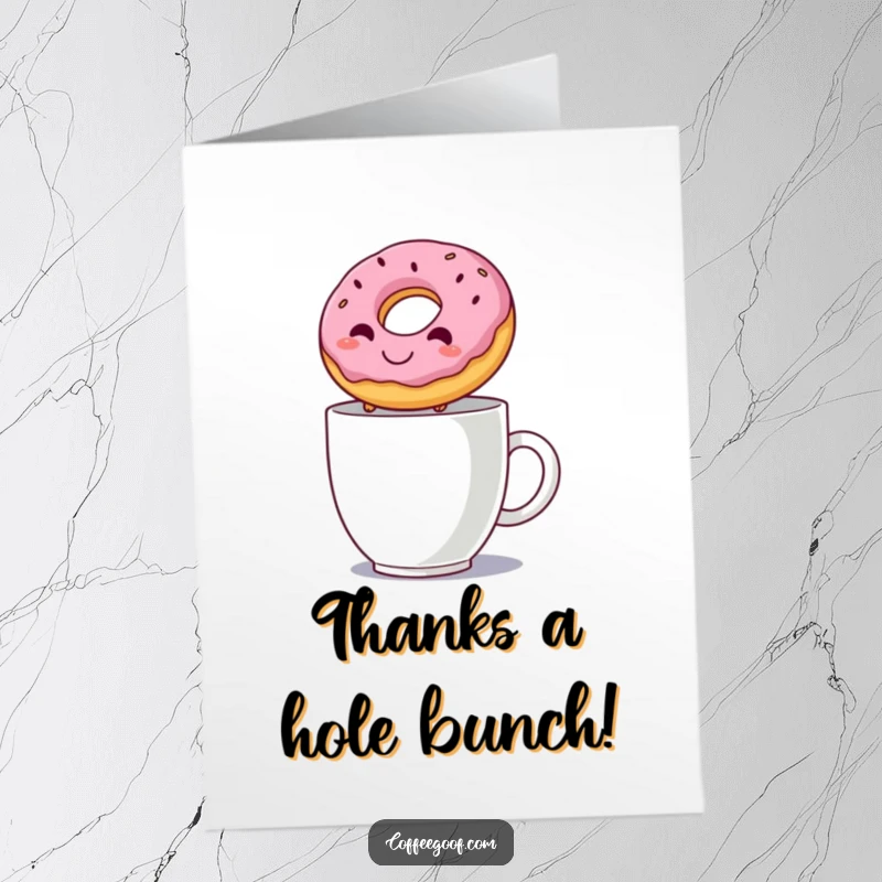 Funny free printable thank you card featuring a cheerful donut mid-air, leaping over a steaming cup.