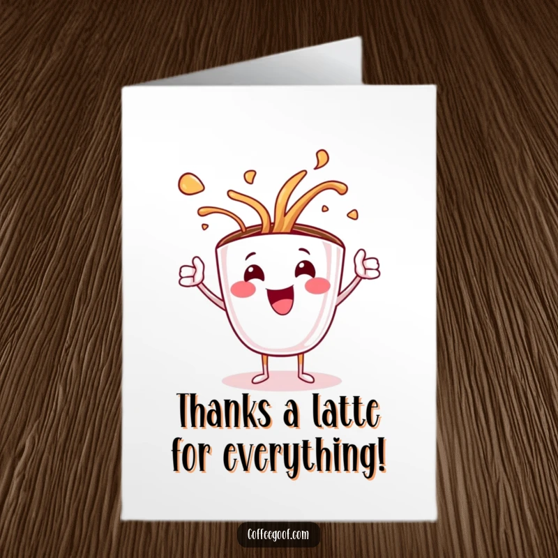 Funny free printable thank you card showcasing a joyful coffee cup character spilling its hot beverage with artistic flair.