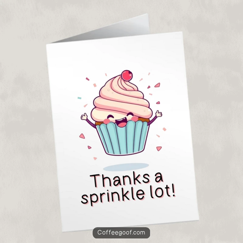 Funny Free Printable Thank You Card: A delighted cupcake character spinning with icing flying like confetti, sending thanks.