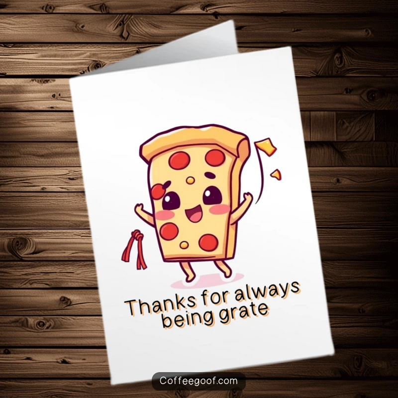 Funny free printable thank you card depicting a beaming pizza slice character tossing a funny, cheesy string.