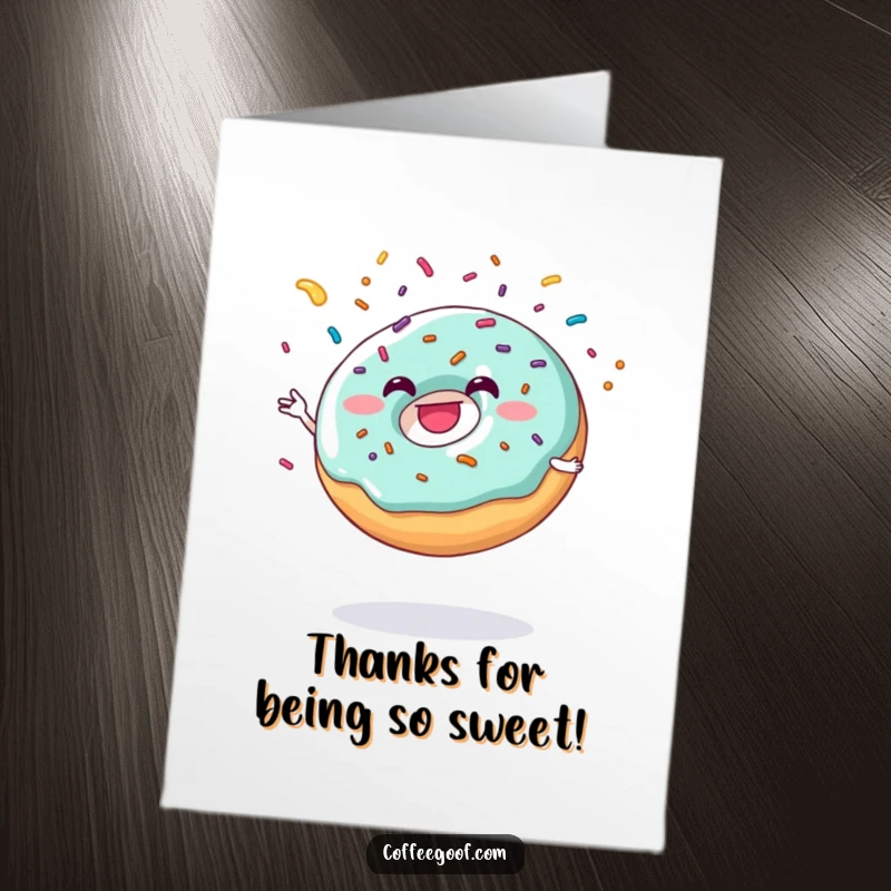 Funny Free Printable Thank You Card: A grinning donut juggling sprinkles, sending a cascade of thanks.