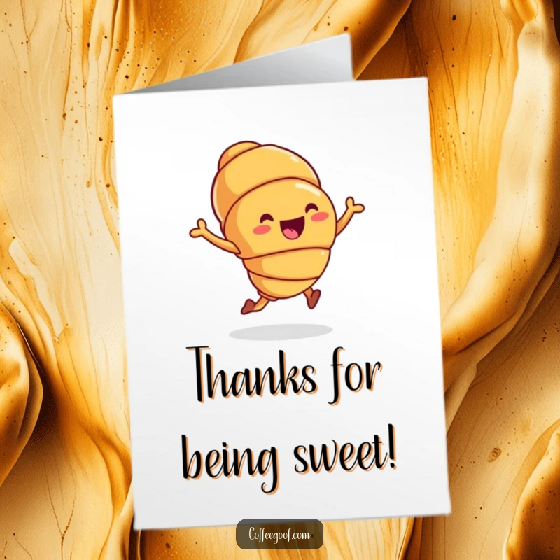Funny free printable thank you card: A joyful croissant character caught in a tiny, energetic hop, a sweet way to say thanks.