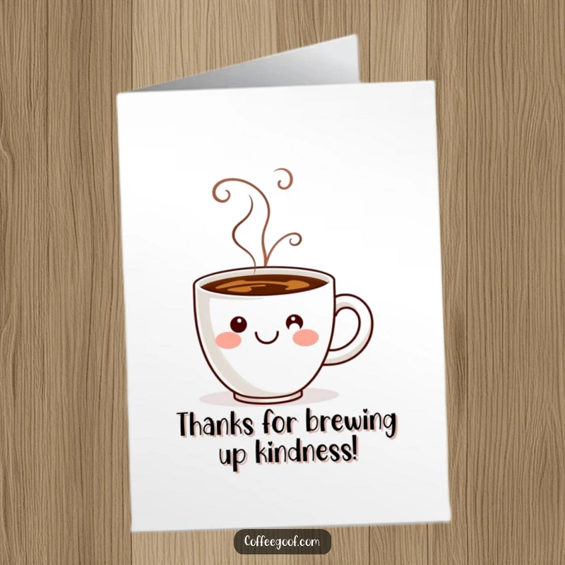 Funny Free Printable Thank You Card: A coffee cup with a smiley steam face, conveying warm thanks.