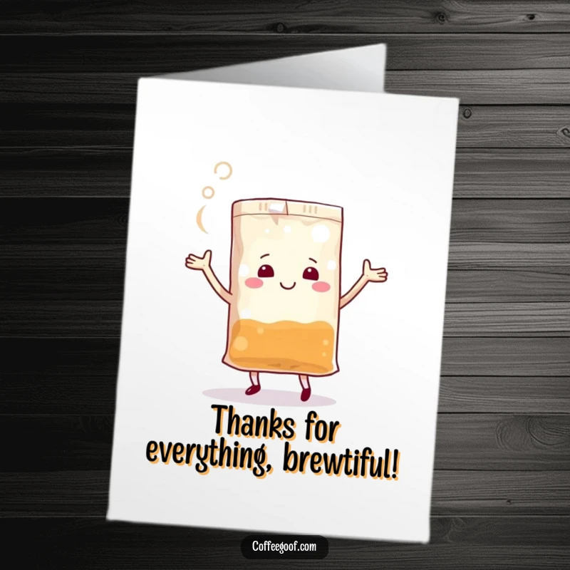 Funny Free Printable Thank You Card with a joyful dancing teabag and steam, conveying appreciation with a touch of silliness.