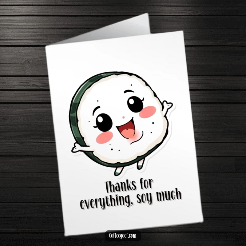 Funny Free Printable Thank You Card: A smiling piece of sushi character spins, offering a fun and tasty thank you.