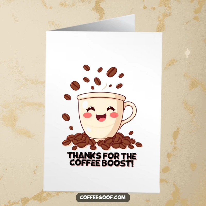 Funny Free Printable Thank You Card: Smiling coffee cup juggling numerous tiny, energetic coffee beans with impressive skill and a happy demeanor.