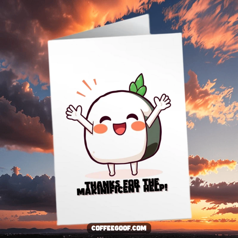 Funny Free Printable Thank You Card with a sushi piece giving a happy wave, conveying thanks with a cute and humorous touch.