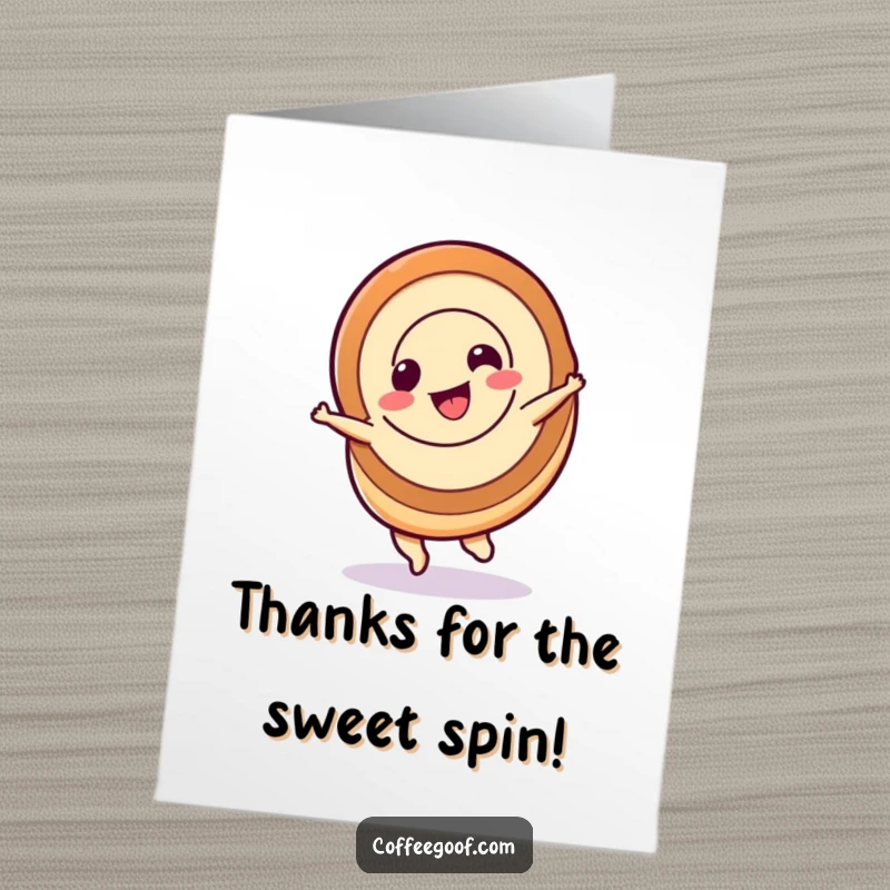 Funny Free Printable Thank You Card: A cinnamon roll character doing a joyful spin, a sweet way to express thanks.