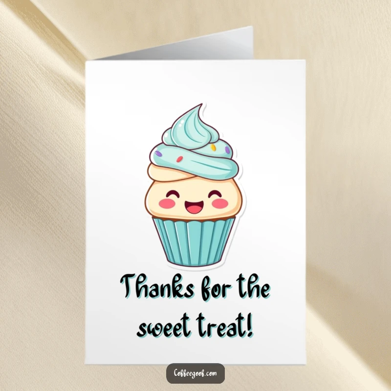 Funny Free Printable Thank You Card: A joyful cupcake character gleefully frosting itself, a sweet and funny way to say thank you.