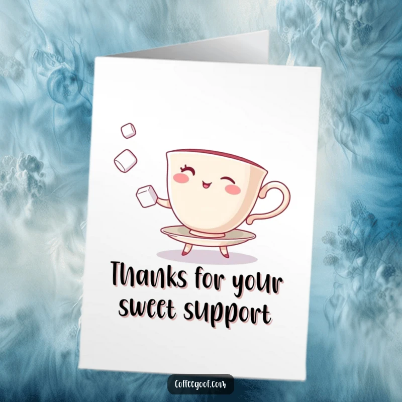 Funny Free Printable Thank You Card: A smiling teacup character winking while juggling tiny sugar cubes, expressing thanks.