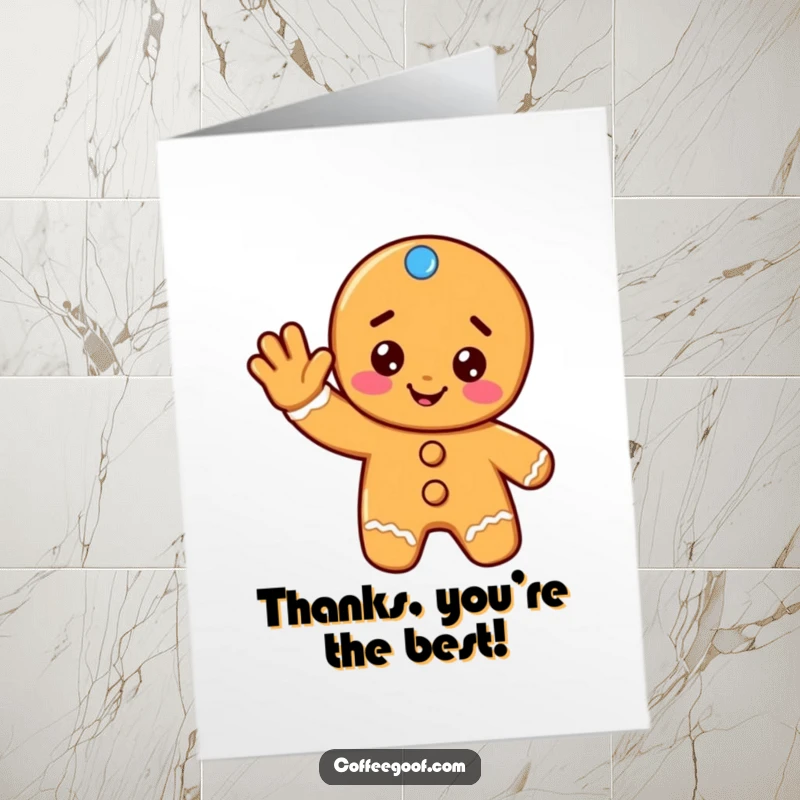 Funny free printable thank you card: a cheerful gingerbread cookie giving a friendly wave, offering a sweet and heartfelt thank you with a smile.