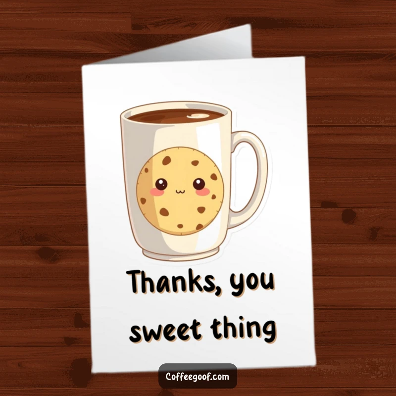 Funny Free Printable Thank You Card: A timid cookie peeking from behind a steaming coffee mug, saying thanks.