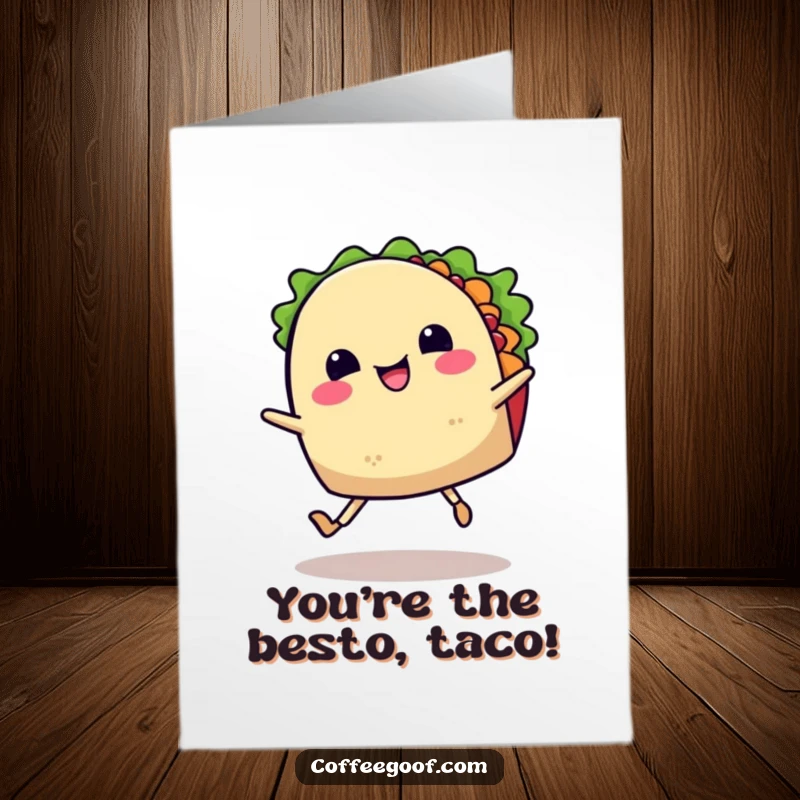 Funny free printable thank you card: A cheerful taco with legs doing a happy dance, conveying thanks with personality.